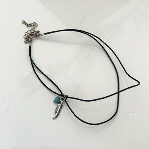 Black Cord Choker Necklace with Silver Tone Feather Turquoise Pendant